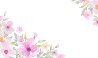 Watercolor floral frame. Corner. Floral pattern with pink flowers, branches, leaves. Vector illustration for wedding invitation, greeting card, background, wallpaper, decoration