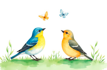 Watercolor illustration of a bird with butterflies on green grass against a white background. A delicate and artistic nature scene, perfect for prints, invitations, packaging.
