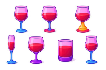Wine glasses 3d icons set – filled, solid, drink and beverage emblems