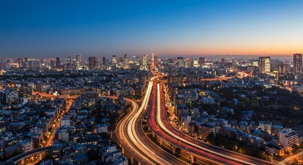 Obraz premium Cityscape at Night with Highway Traffic