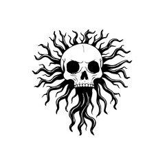 Monochromatic skull encircled by root-like tendrils on contrasting canvas