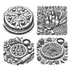 pizza Set collection bundle sketch engraving generative ai raster illustration. Scratch board imitation. Black and white image.