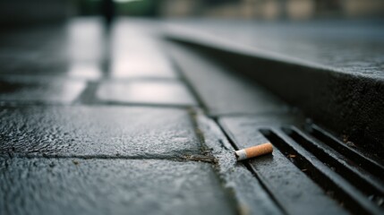 A single cigarette butt rests on wet pavement by a street drain, illustrating urban litter against a blurred cityscape background and the damp ambiance.