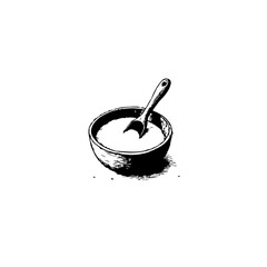 Monochrome depiction of a bowl with spoon, a study in simple food presentation