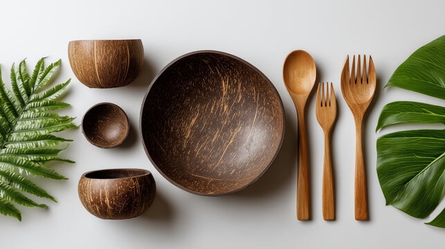 Eco-Friendly Tableware: Elegant arrangement of coconut shell bowls, wooden utensils, and fresh leaves showcasing sustainable and natural dining.