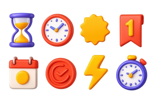 Time and date 3d icons set – vibrant, colorful, clock and calendar symbols