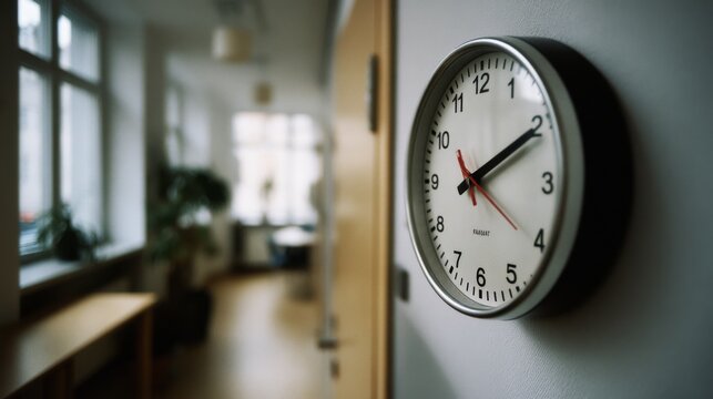 Another wall clock with bold numbers and red hands marks time in a well-lit modern office, enhancing a sense of anticipation and focus.