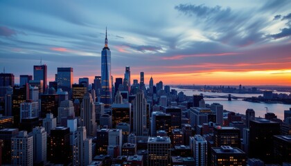 Fototapeta premium sunset manhattan skyline optimized for photo use view of new york city manhattan during sunset hours with sky blue tones subject on the right with copy space on the left.