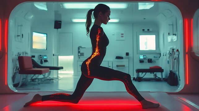 Side view of hip flexors a lunge stretch with glowing upper thigh muscles clearly showing muscle flexibility without shoes