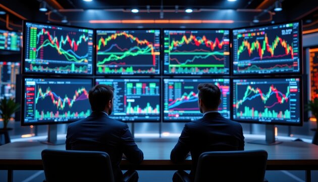 futuristic business team discussing forex trading on multiple puter screens subject at bottom: businessmen talking about financial markets.