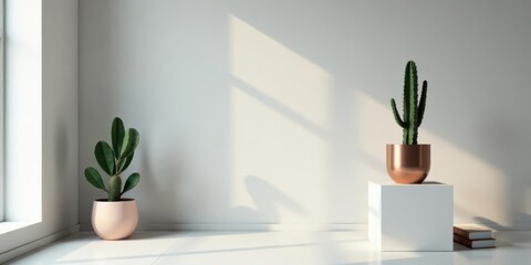 Serene Minimalist Interior Design Featuring Succulents in Modern Planters on a White Cube