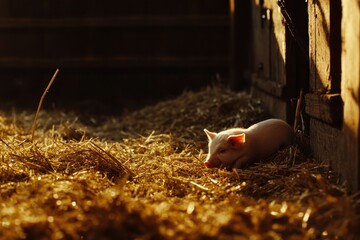 Adorable Piglet Relaxing in Hay at Golden Hour, Capturing the Essence of Farm Life and Rustic Charm in a Serene Barn Environment