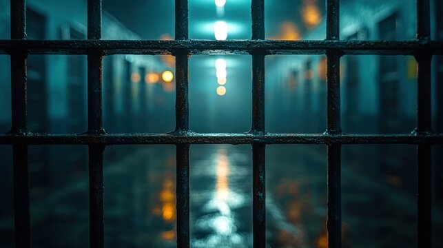 Dark prison corridor viewed through bars