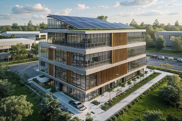 Sustainable Modern Two Story Hybrid Office Building with Solar Panel Integration