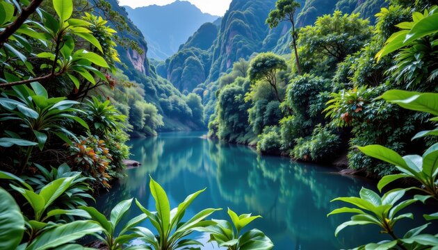 electric blue rainforest of khao sok national park in thailanda tranquil scene from the rainforest of khao sok national park in thailand