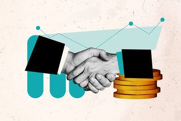 Trend artwork sketch design montage 3D collage of economy savings cash trade finance handshake support success pile coins partnership