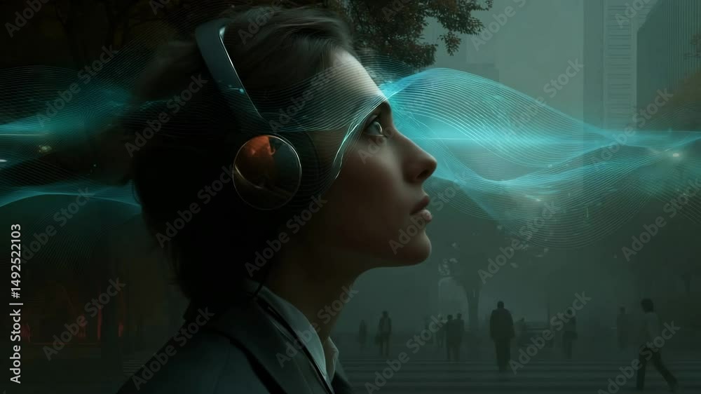 Aufkleber a man listens intently with headphones while surrounded by a foggy cityscape. futuristic sound waves