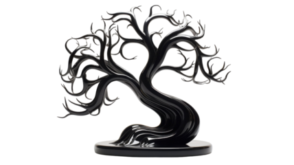Black Abstract Tree Sculpture with Modern Artistic Design and Bold Silhouette, Isolated on White Background