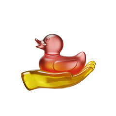 A translucent red orange rubber ducky perched on a golden hand digital art on transparent background