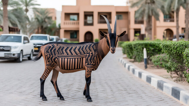 serene image of a beautifully adorned sacrificial animal (sheep or goat) with henna patterns