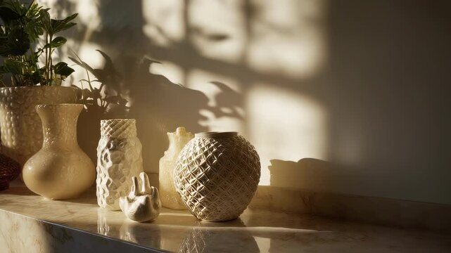 Warm sunlight casts moving shadows on a collection of decorative ceramic vases and a potted plant displayed on a shelf, creating a peaceful and artistic home decor scene