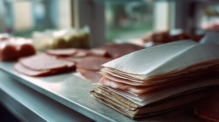 Neatly stacked paper and deli meats rest on a countertop, creating a scene of organized preparation and potential culinary creativity.