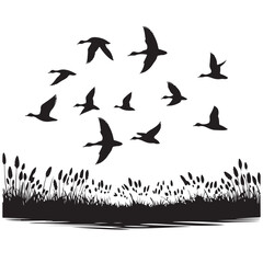 Flying Geese Silhouette Vector Art over Marshland Illustration
