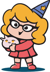 Obraz premium Blonde girl in a wizard hat holding a cat.