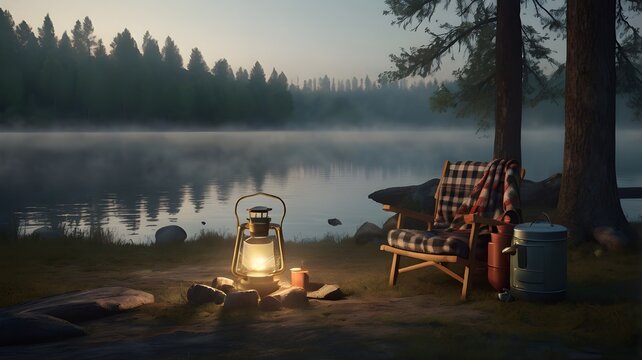 3D render of a retro-style camping setup by a foggy lake at dawn, includes old-fashioned lantern, checkered picnic blanket, thermos and metal cups, peaceful atmosphere,Generative Ai

