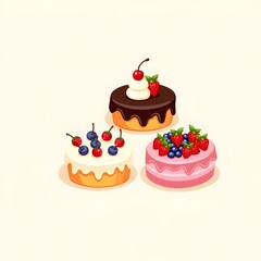 Whimsical illustration showcasing three delightful cakes, each topped with fresh berries and vibrant colors, creating a festive and cheerful mood.