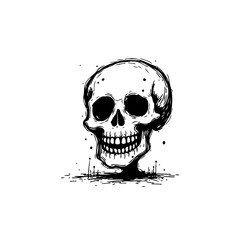 Striking monochrome skull illustration with textured shading and expressive lines