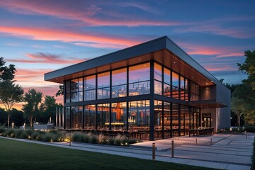Modern Restaurant Design with Large Glass Facades Featuring Vibrant Twilight Sky Backdrop