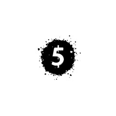 Stylized Five Dollar Symbol in Black Ink Splatter Design for Commerce