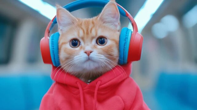 Funny cat wearing headphones and a red hoodie while sitting on a train animated video, looking curiously in front of camera with large eyes.