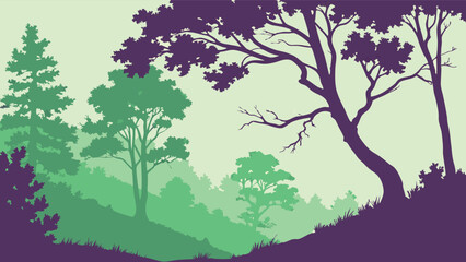 Obraz premium Stylized Forest Landscape Illustration – Layered Tree Silhouette with Mountain Background