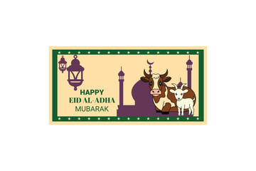 Eid al-Adha Mubarak greeting card with cow and goat, mosque silhouette and lanterns in festive Islamic design