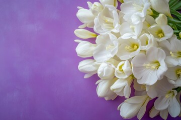 Close-up arrangement of delicate white flowers on a purple backdrop.