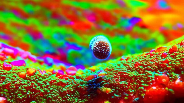 Abstract vibrant multicolored sphere floats above surreal organic landscape, hallucinatory dreamscape with bright colors