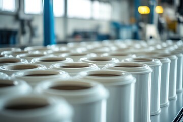 Obraz premium Rows of white cylindrical containers on a production line