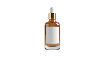 Naklejka premium Elegant amber glass bottle with dropper and blank label for cosmetic product presentation.