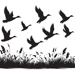 Silhouetted Ducks Flying Over Grassland Vector Art Graphic Illustration