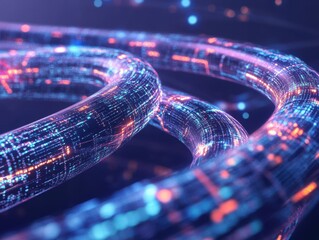 3D render of a futuristic blockchain network with glowing data loops.