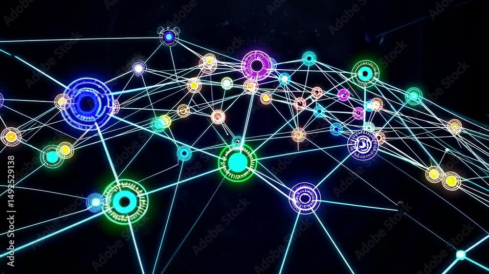 Poster complex network of glowing nodes and lines representing a futuristic system, visualizing data flow, 