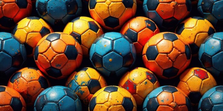 A vibrant pile of well-worn soccer balls, showcasing a spectrum of colors and textures.  The balls are densely packed, creating a dynamic visual display of sporting equipment.