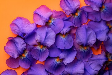 Vibrant purple flower petals arranged on an orange backdrop.