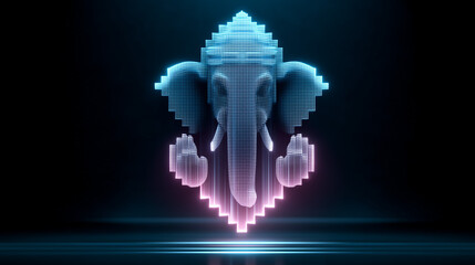 Vibrant Digital Ganesha: A luminous, pixelated representation of Ganesha, bathed in neon hues against a stark backdrop, creating a fusion of tradition and technology.