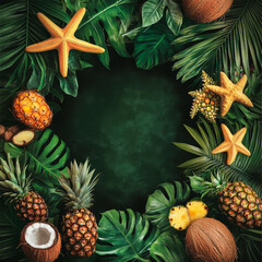 A tropical frame with palm leaves, pineapple, coconut and a starfish, leaving room for text on a dark background. Perfect for vacations, travel, summer promotions, beach ads.