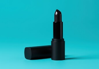 Obraz premium Black gothic lipstick on turquoise background, dark matte cosmetic product, edgy beauty makeup accessory for alternative fashion styles