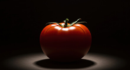 Dramatic spotlight illuminates a solitary, vibrant red tomato, highlighting its smooth skin