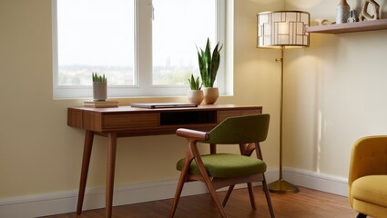 Mid-Century Modern Home Office with Vintage Wooden Furniture and Natural Light